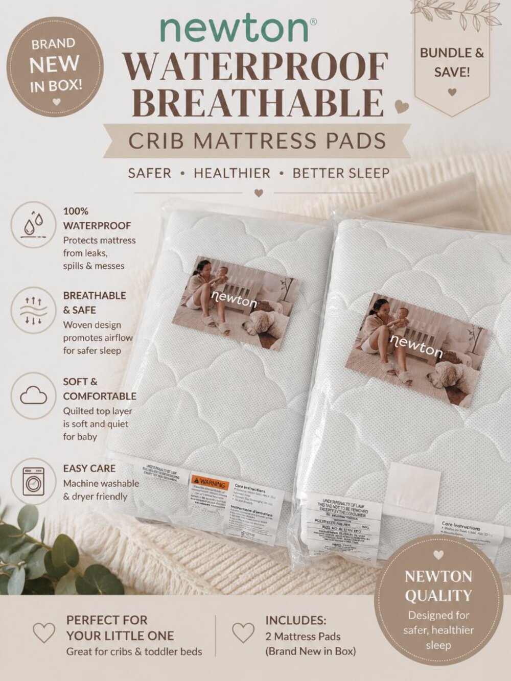 Newton Waterproof Breathable Crib Mattress Pad Protector NEW